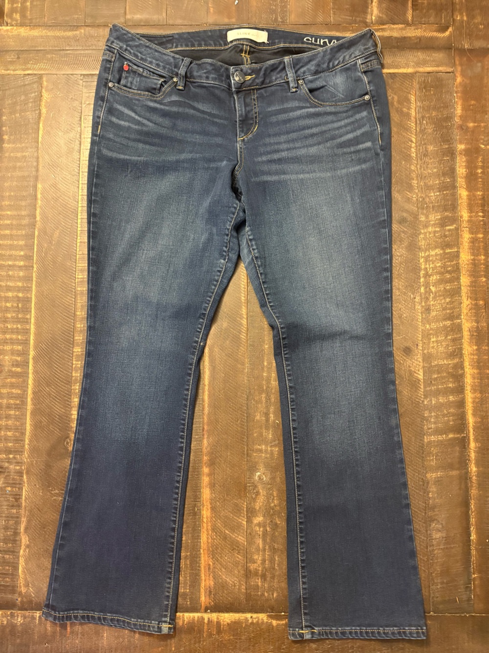 Slink Denim Mid-Rise Dark Blue Flare Jeans Accented Pockets Lightweight Stretch